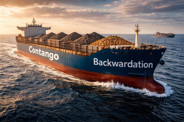 현물을 실은 배가 바다위에 떠 있고 배에 콘탱고와 백워데이션이 영어로 써있다