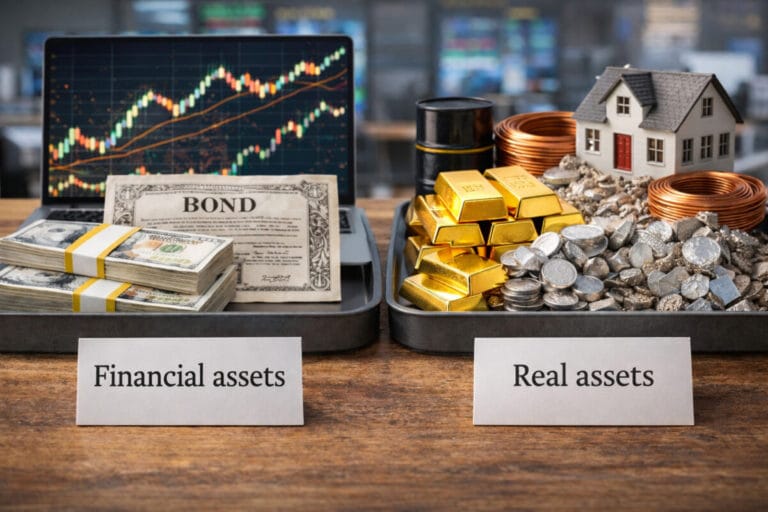 금융자산 VS 실물자산을 비교하기 위해 책상위에 현금과 금, 은 등이 놓여있다