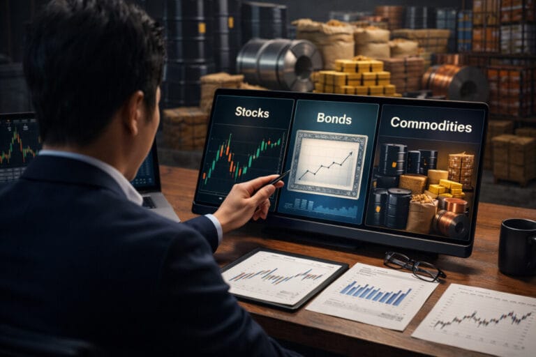주식 채권 원자재를 한 남성이 모니터 앞에서 선택을 하고 있다