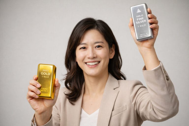 한국 여성이 왼손에 금괴, 오른손에 은괴를 들고 오른손이 더 높이 올라가 있어 은 가격 변동 폭이 금보다 크게 나타나는 모습