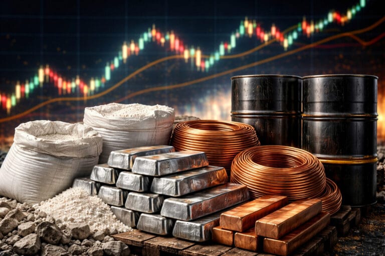 리튬·니켈 주괴, 구리 코일, 원유 등 원자재 투자 상품이 함께 쌓여 있고 뒤에는 등락을 보이는 캔들 차트가 나타난 섬네일 이미지