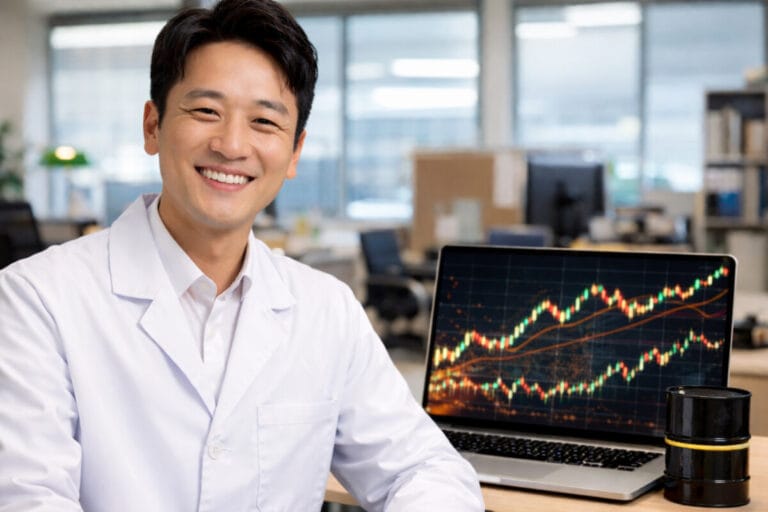 원자재 연구소 기준을 설명하는 남성이 책상 앞에서 환하게 웃고 있다. 뒤에 있는 노트북에는 원자재 가격 그래프가 보인다