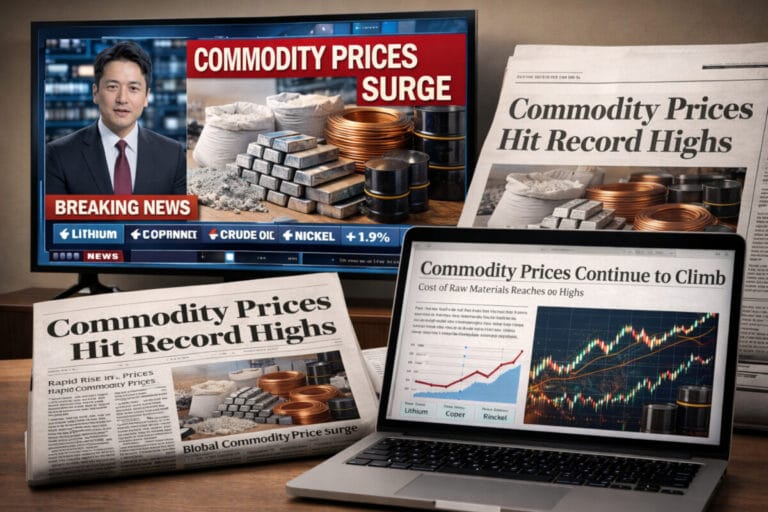 TV·신문·인터넷 기사에서 리튬·니켈·구리·원유 등 원자재 가격 시황을 다루는 장면