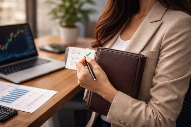 노트북 화면에 주식 그래프가 보이는 사무실에서 한 여성이 다이어리를 들고 원자재 투자를 체크하고 있다