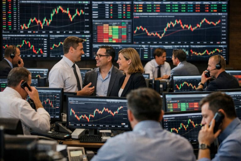 원자재 선물 시장 거래소에서 딜러들이 전화통화 또는 이야기를 나누고 있다