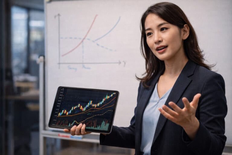 여성 강사가 한 손에 태블릿PC를 들고 원자재 가격을 설명하고 있다. 배경에는 가격 변동 그래프가 보인다