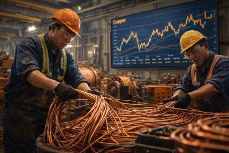 공장에서 남자 2명이 줄처럼 생긴 구리로 작업을 하고 있고, 뒷 배경에는 구리 가격 그래프가 보인다.