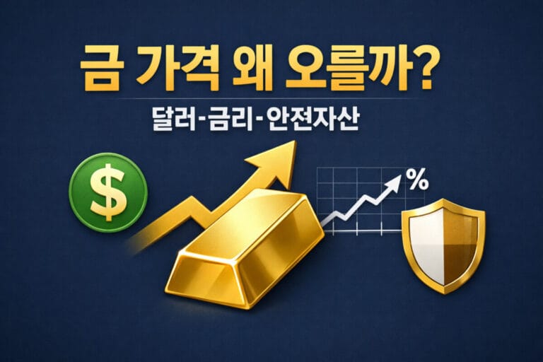 금 가격 상승의 핵심 변수인 달러, 금리, 안전자산 흐름을 한 화면에 정리한 인포그래픽형 썸네일 이미지
